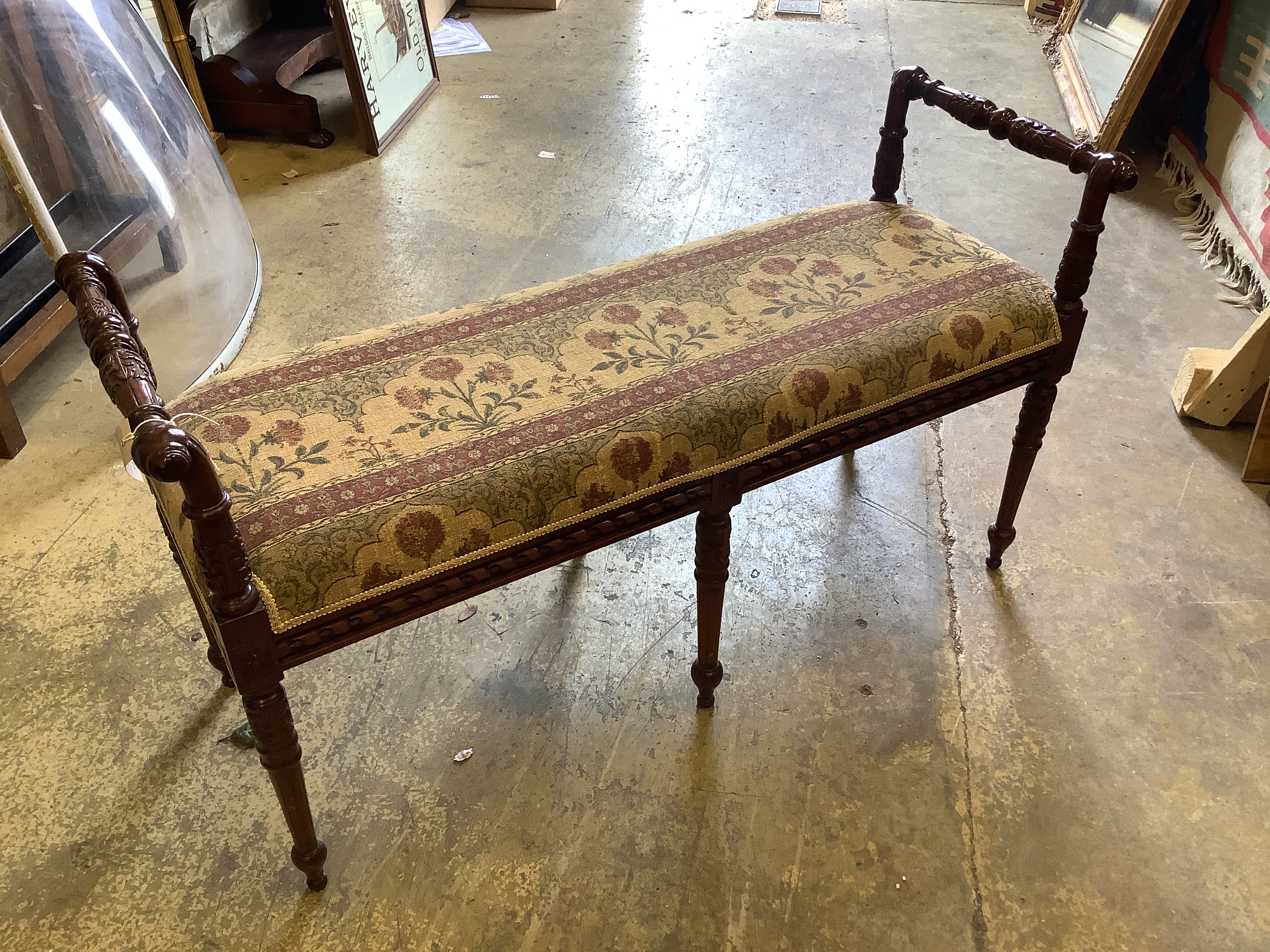 A Victorian style upholstered mahogany window seat, width 112cm, depth 39cm, height 64cm